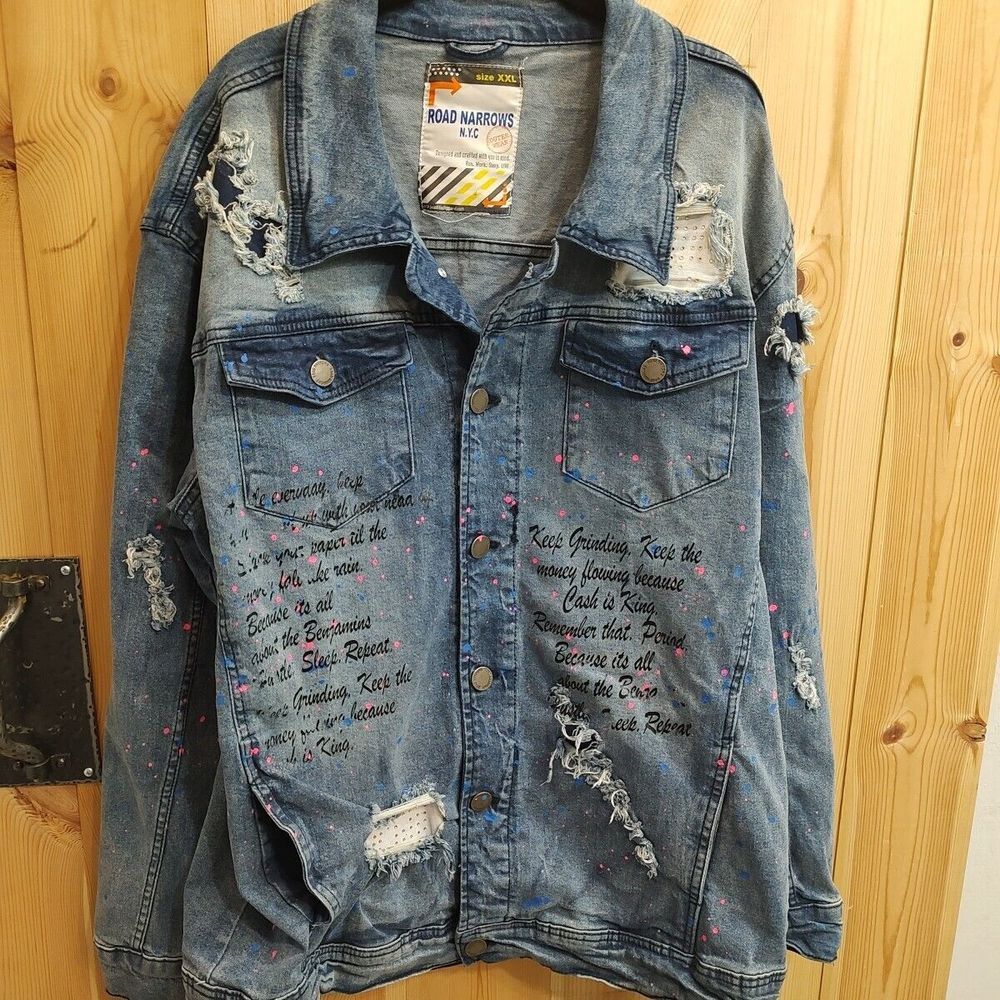 Acid Washed Distressed Embellished Denim Jacket sz XXL Grunge Streetwear Y2K